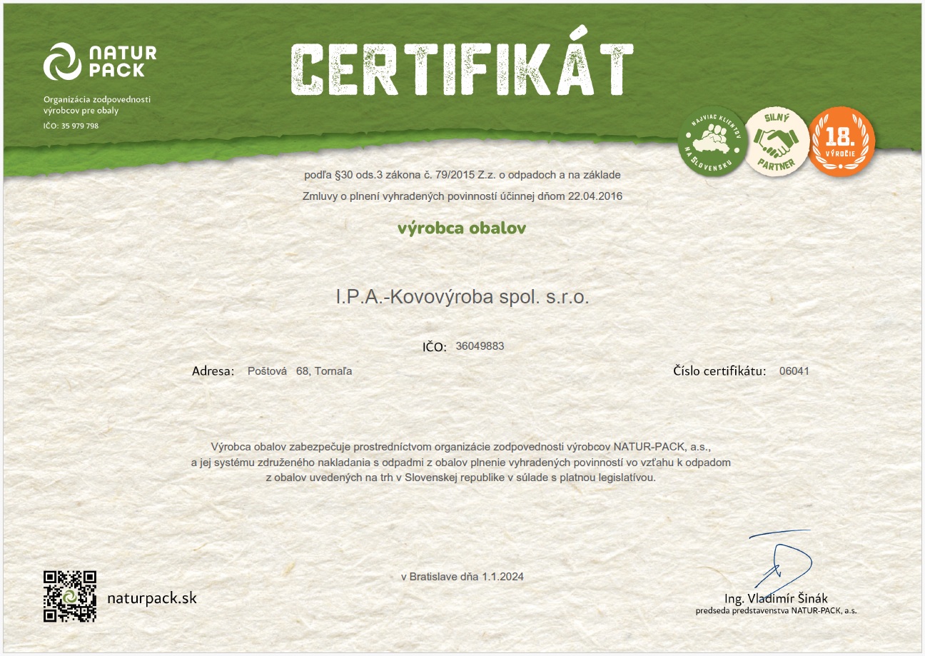 certifikát natur pack